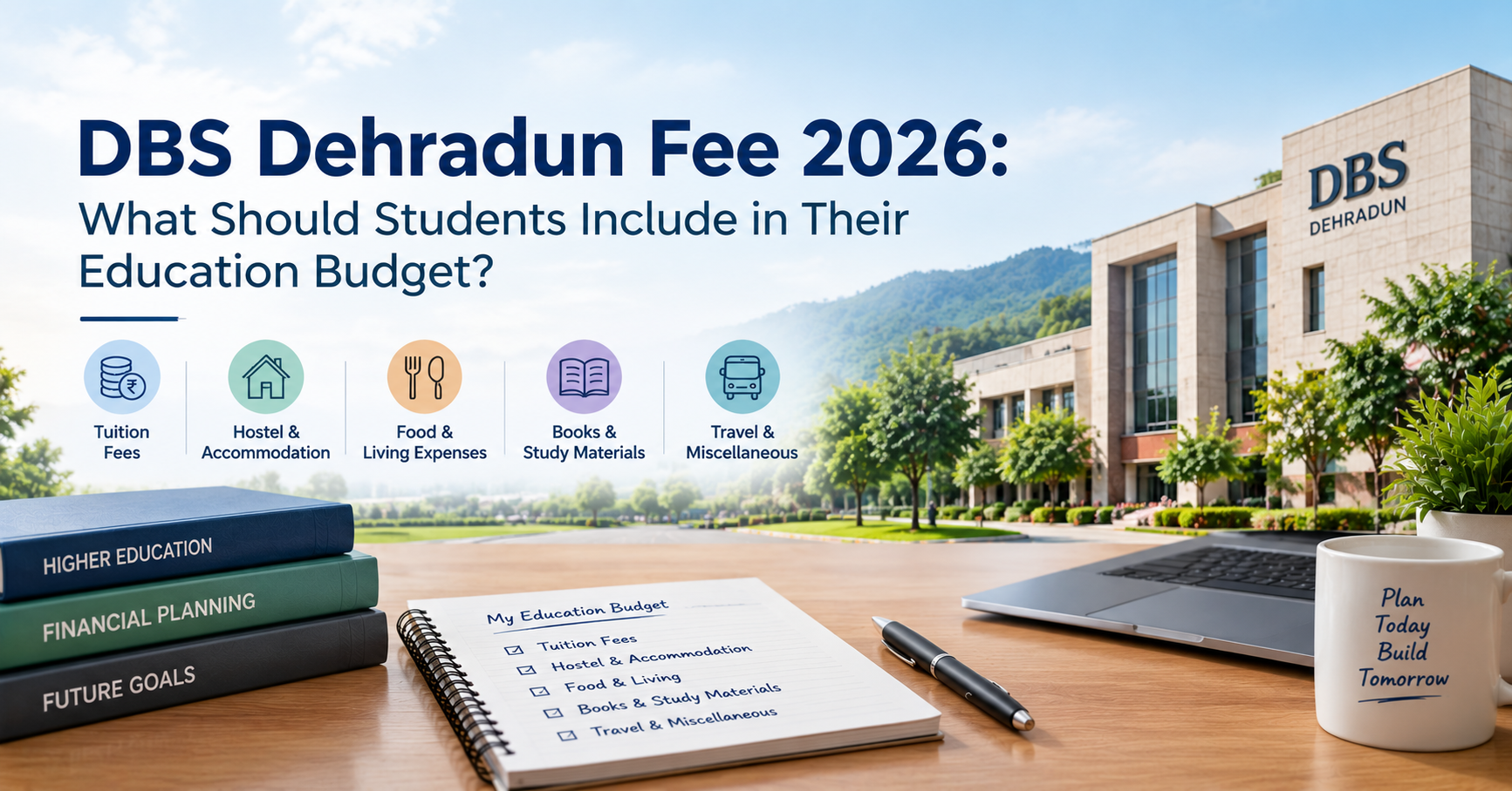 DBS Dehradun admission 2026 and education budget covering fees, accommodation, living expenses, study materials and travel